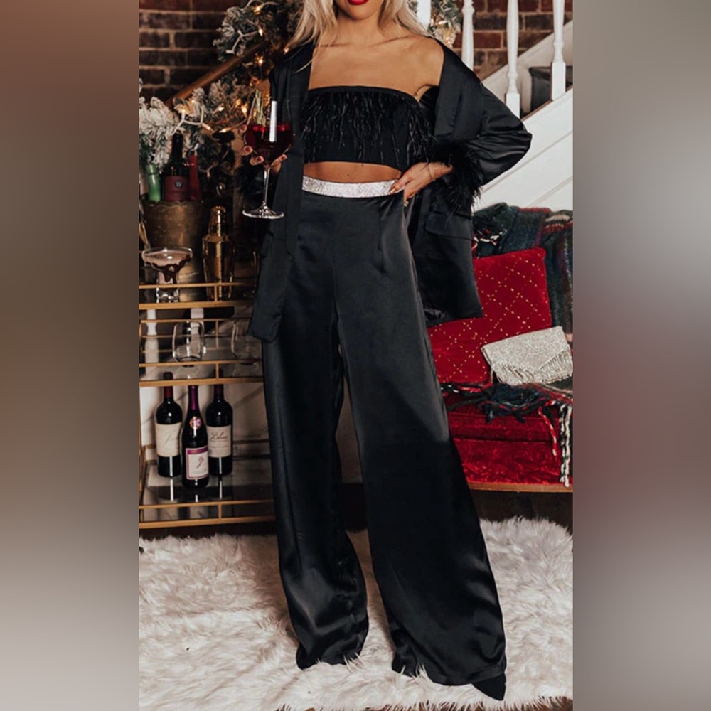 Impressions Boutique Elegant Black Women's Sets Set Party Pant Suit Feathers